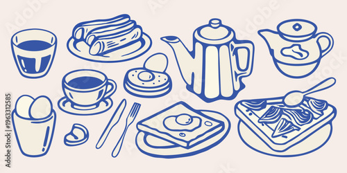 A charming blue line drawing featuring a collection of breakfast items