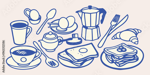 A stylized blue line illustration of a breakfast spread with coffee and pastries