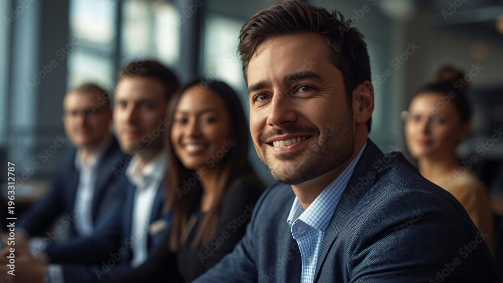 Obraz premium Confident businessman smiling in office meeting, diverse professional team in corporate workspace, successful business people collaborating