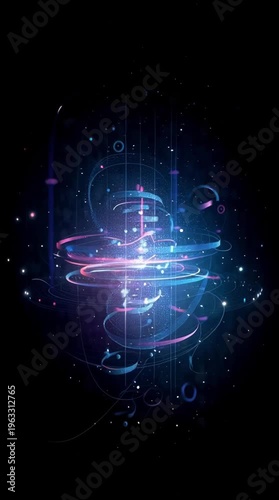 Abstract, futuristic and neon lights forming a swirling vortex for technology innovation, digital art with glowing particles creating a dynamic energy flow in dark space. Data visualization, network