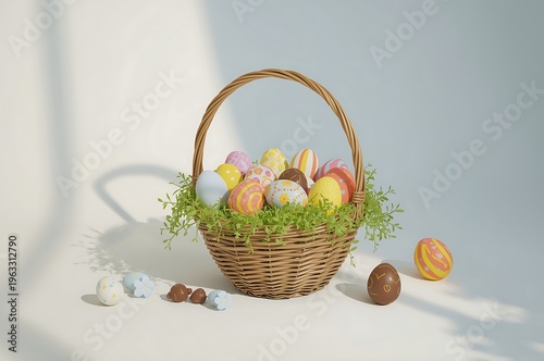 Easter basket overflowing with colorful decorated eggs and fresh green grass, surrounded by chocolate eggs and decorative elements, bright holiday celebration