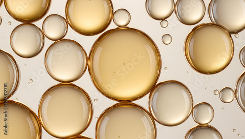 Golden cosmetic oil droplets macro texture luxury skincare serum bubbles background