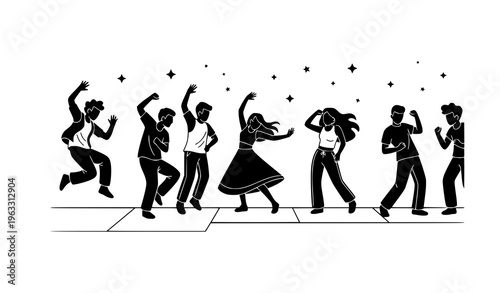 Dance floor party silhouettes with young men and women dancers and star elements flat vector nightlife scene