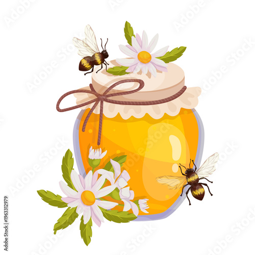 A colorful seasonal composition of a honey jar with wild chamomile flowers and flying honeybees. Vector graphics.