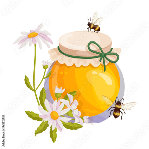 A colorful seasonal composition of a honey jar with wild chamomile flowers and flying honeybees. Vector graphics.