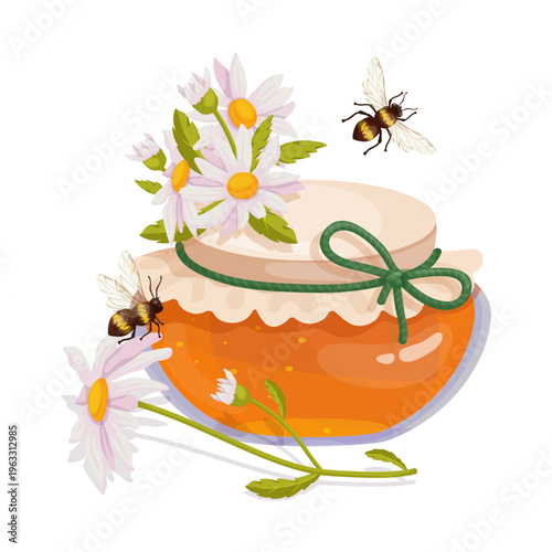 A colorful seasonal composition of a honey jar with wild chamomile flowers and flying honeybees. Vector graphics.