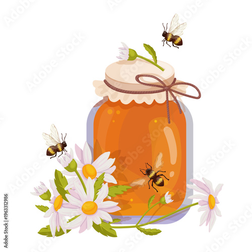 A colorful seasonal composition of a honey jar with wild chamomile flowers and flying honeybees. Vector graphics.