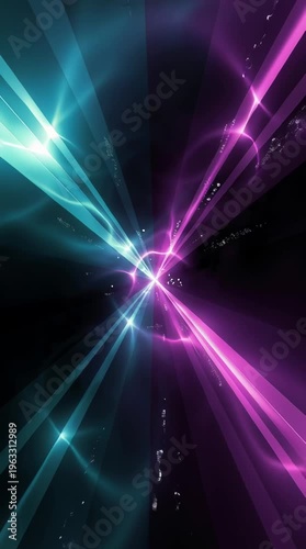 Abstract, light and energy burst with vibrant pink and turquoise rays illuminating a central point for futuristic technology, cosmic background and dynamic motion graphics. Glow, sparkle and
