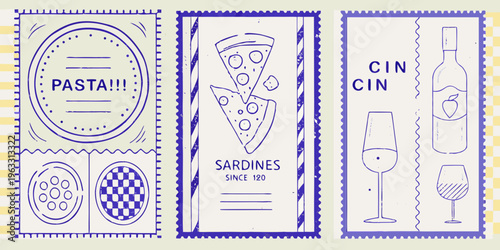 Stylized food illustrations presented as three vertical bookmark designs