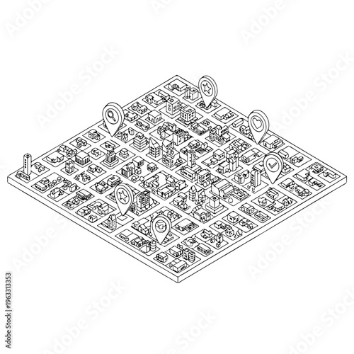 Isometric board game pattern with dice tiles arranged in geometric layout, black and white line art illustration for gaming design, strategy concept, tabletop entertainment and abstract background art