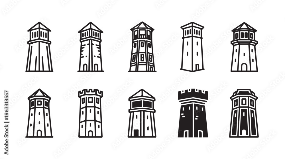 Fototapeta premium Collection of Tower Icons Various Styles Outline and Silhouette Isolated