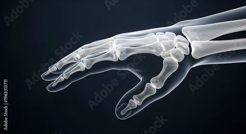 A white skeleton hand on a dark background with the fingers pointing to the left and slightly down showing the bones of the wrist and fingers in detail very clearly