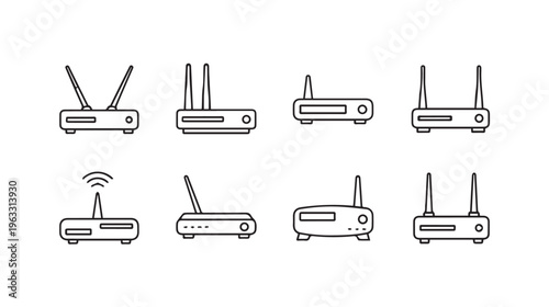 Collection of Wireless Router Icons with Antennas and Wi-Fi Symbols Line Art