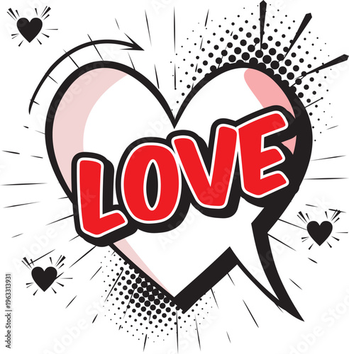 Love comic word speech bubble icon with cloud, stars, rays and halftone effect background. Design for comic book, poster, banner
