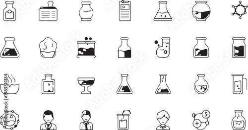 Set of bottles and glasses icons  for chemist lab black and white  vector style