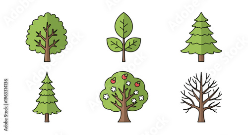 Set of 6 Green Tree and Plant Vector Icons