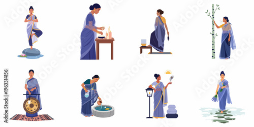 A collection of Indian women in traditional sarees performing various spiritual, wellness, and meditative activities, including yoga, ritual offerings, and sound healing.