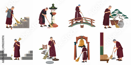 A collection of vector illustrations showing Buddhist monks in maroon robes cleaning various parts of a temple garden using traditional brooms.