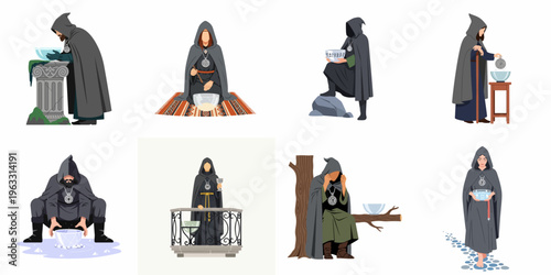 Set of mysterious hooded sorcerers and mages performing mystical rituals with runes, magic bowls, and sacred artifacts in a flat vector style.