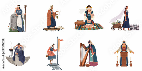 Set of Diverse Women Illustrations in Ethnic and Mystical Attire Performing Traditional Rituals, Playing Music, and Holding Symbolic Objects