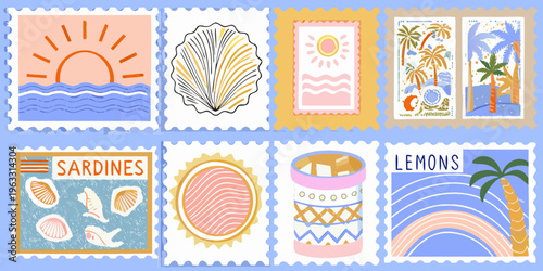 Collection of illustrated postage stamps featuring summer and beach motifs