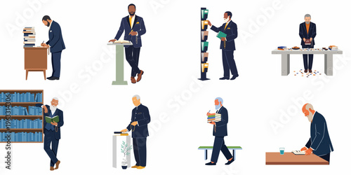 Flat illustration set of scholarly men in suits engaged in reading, writing, and organizing books in library, office, and academic settings.