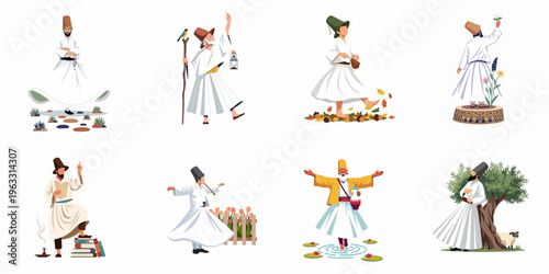 Collection of Whirling Dervish Illustrations Depicting Sufi Traditions, Dancing, Meditation, and Spiritual Journey in Various Symbolic Settings