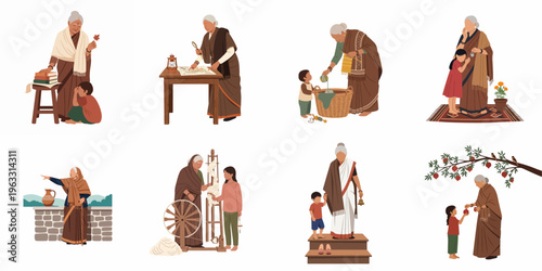 Collection of illustrations featuring an elderly Indian grandmother in various daily activities and heartwarming scenes with her grandchildren.