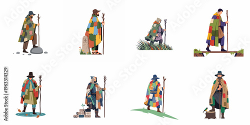Set of eight medieval pilgrims and wanderers in patchwork cloaks with walking staffs, isolated on a white background.