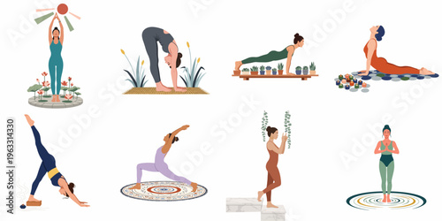 Flat illustration set of diverse women practicing various yoga poses and mindfulness exercises for wellness, mental health, and physical fitness.