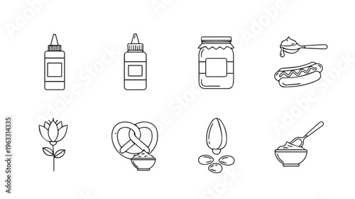 Condiment Icons: Mustard Bottles Jar Hot Dog Pretzel Flower Nuts BowlLine Art