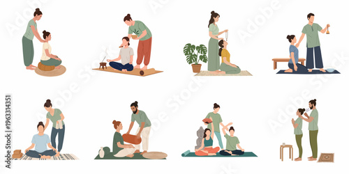 Illustrated set of holistic healing, meditation, and alternative therapy practices including sound healing, massage, and energy work for wellness and relaxation.