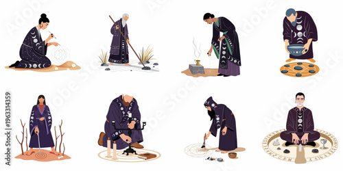 Collection of mystical people performing spiritual rituals, occult ceremonies, and ancient magic practices with moon phase robes and sacred tools.