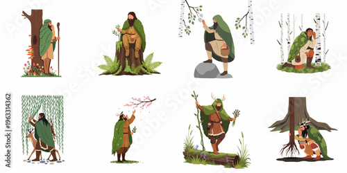 Set of flat vector illustrations depicting druids and forest dwellers interacting with nature, gathering herbs, and living in harmony with the woodland environment.