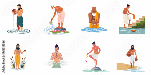 Flat vector illustration set of Hindu devotees and priests performing various religious rituals and offerings in sacred river water.