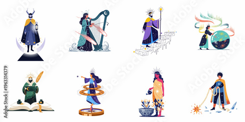 Collection of mystical flat vector illustrations featuring characters with stars, zodiac signs, and celestial elements for astrological and fantasy designs.