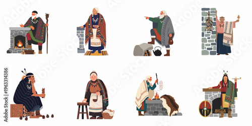 Set of diverse elderly indigenous characters in traditional tribal clothing performing various cultural rituals and daily activities, isolated on white background.