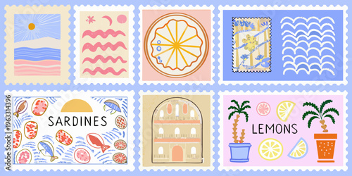 Collection of illustrated postage stamps with summery and coastal themes