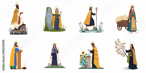 Set of eight mystical pagan deities and spiritual figures depicted in various symbolic settings with golden halos and nature elements.