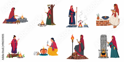 Collection of diverse women performing ancient rituals, magic, and spiritual practices with fire, herbs, and symbols in a flat vector illustration style.