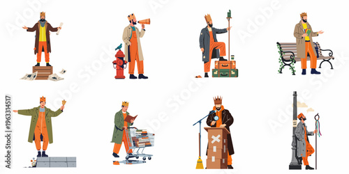 Illustrations of an eccentric homeless man wearing a paper crown in various urban street scenarios, including preaching, reading, and traveling with his belongings.