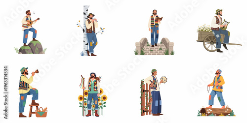 Collection of Eight Vector Illustrations Featuring Men in Folk Costumes Playing Musical Instruments and Engaging in Rural Activities