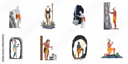 Illustrations of ascetic hermits and monks in various spiritual poses, meditating in caves and natural environments, representing ancient wisdom and solitude.