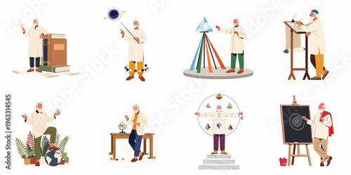 Flat illustration set of an elderly philosopher and wise man exploring science, astronomy, geometry, and nature through various intellectual and mystical pursuits.