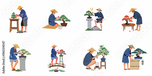 Vector illustration set of traditional Japanese gardeners in straw hats meticulously pruning and caring for various bonsai trees against a white background.