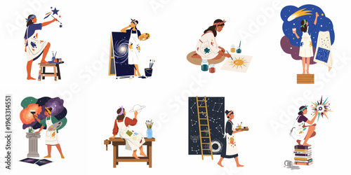 Set of creative women artists painting celestial themes, galaxies, stars, and planets in various artistic scenarios and poses.