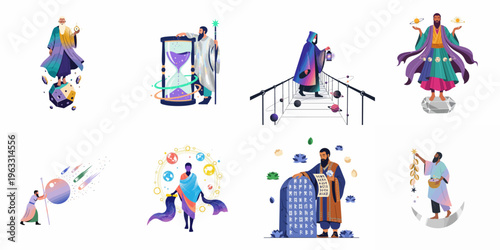 A collection of mystical wizards and sorcerers engaged in cosmic, magical, and astrological activities, featuring hourglasses, planets, and ancient runes.