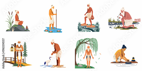Illustrations of Indian sadhus and yogis in spiritual activities like meditation, reading scriptures, and connecting with nature, presented in a clean flat design style.