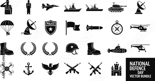 National defence day bundle with military symbols and black and white army