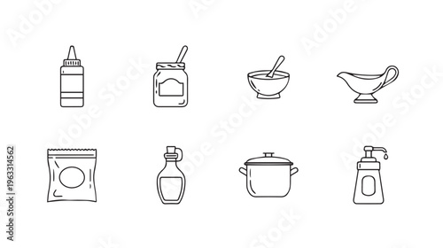 Cooking and Condiment Icons: Sauce bottle jar bowl gravy boat oil bottle pot dispenser bag. Line art